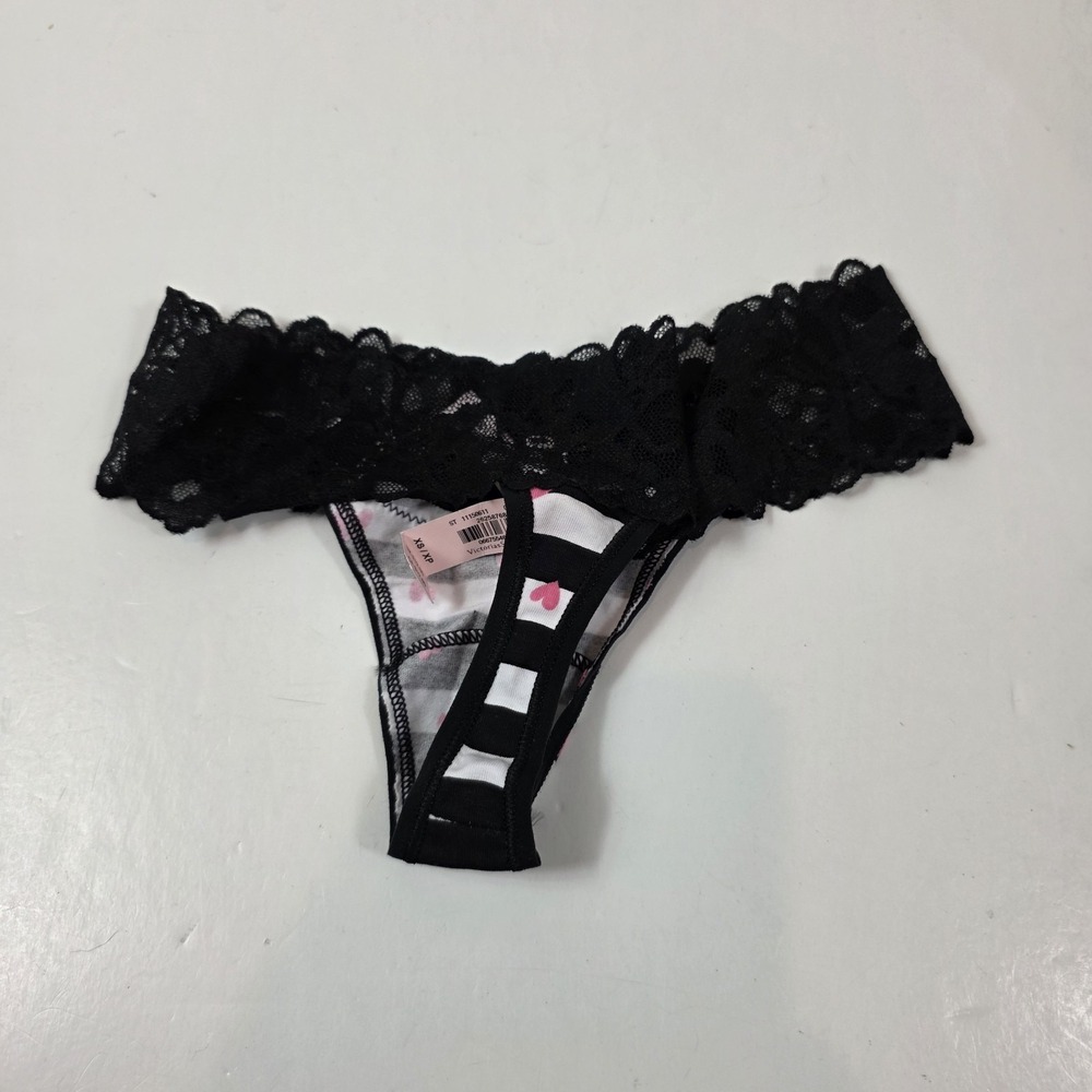 Victoria's Secret women's thong black white stripe heart lace XS - Picture 2 of 4